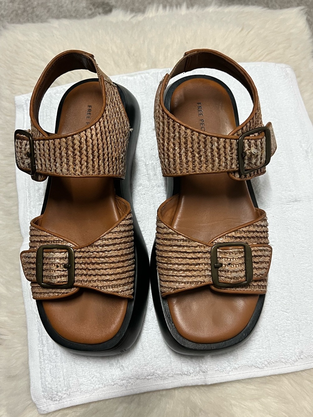 Free People Tan Woven Buckle Platform Sandals